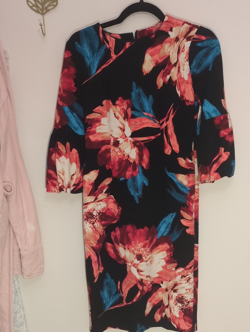 London Times Black Midi Dress with Red & Blue Floral